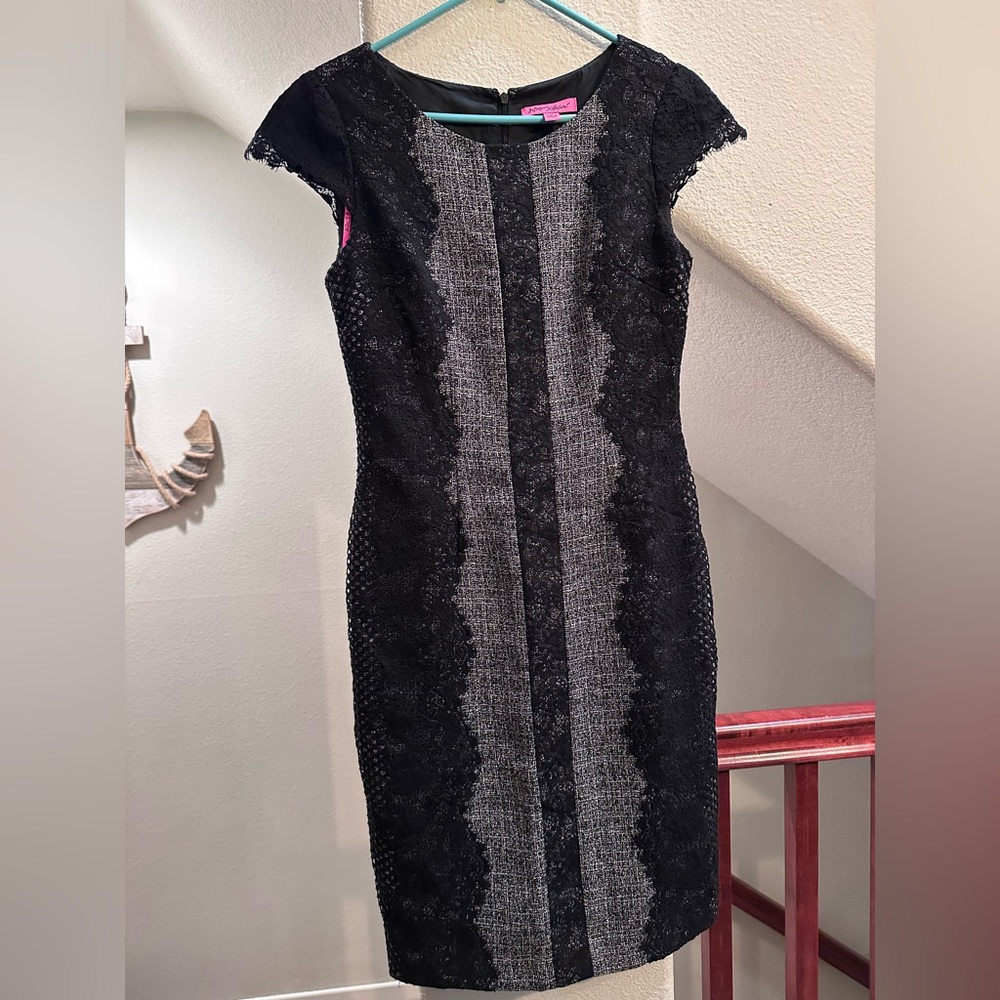 Vintage Betsey Johnson lace panel sheath dress black tweed cap sleeve chic